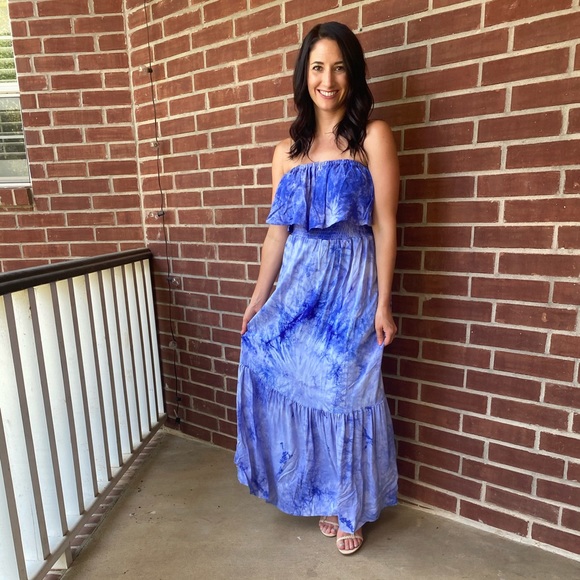 Strapless Blue Tie Dye Maxi Dress - Picture 4 of 11